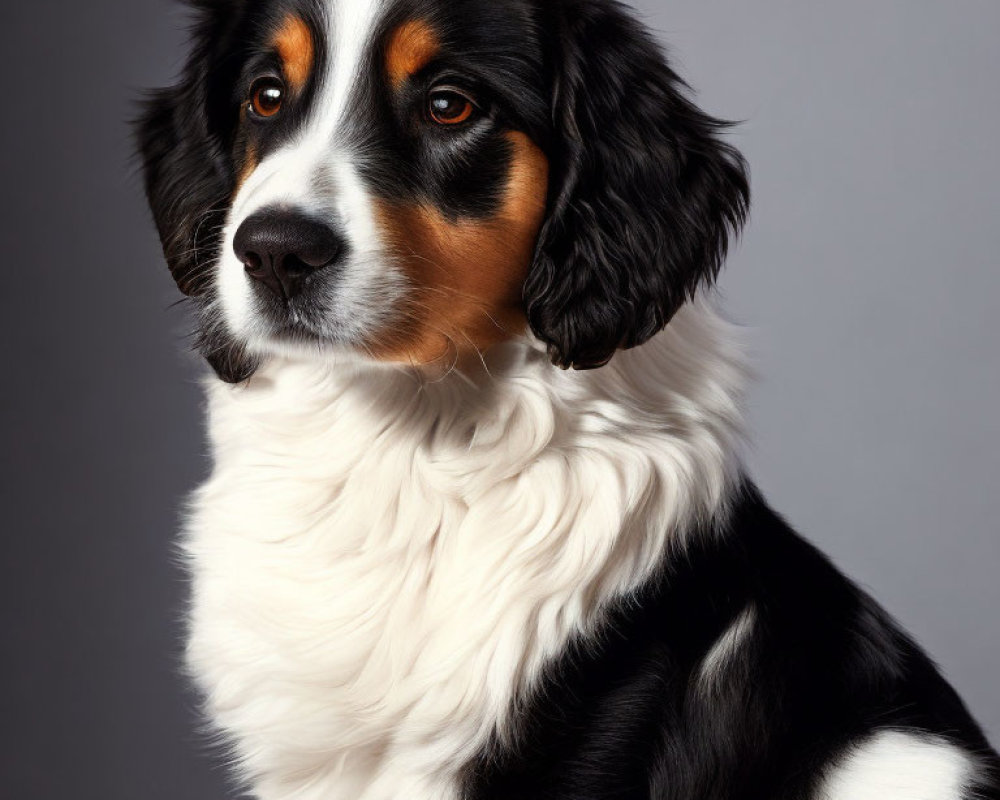 Tricolor Bernese Mountain Dog with glossy coat on grey background