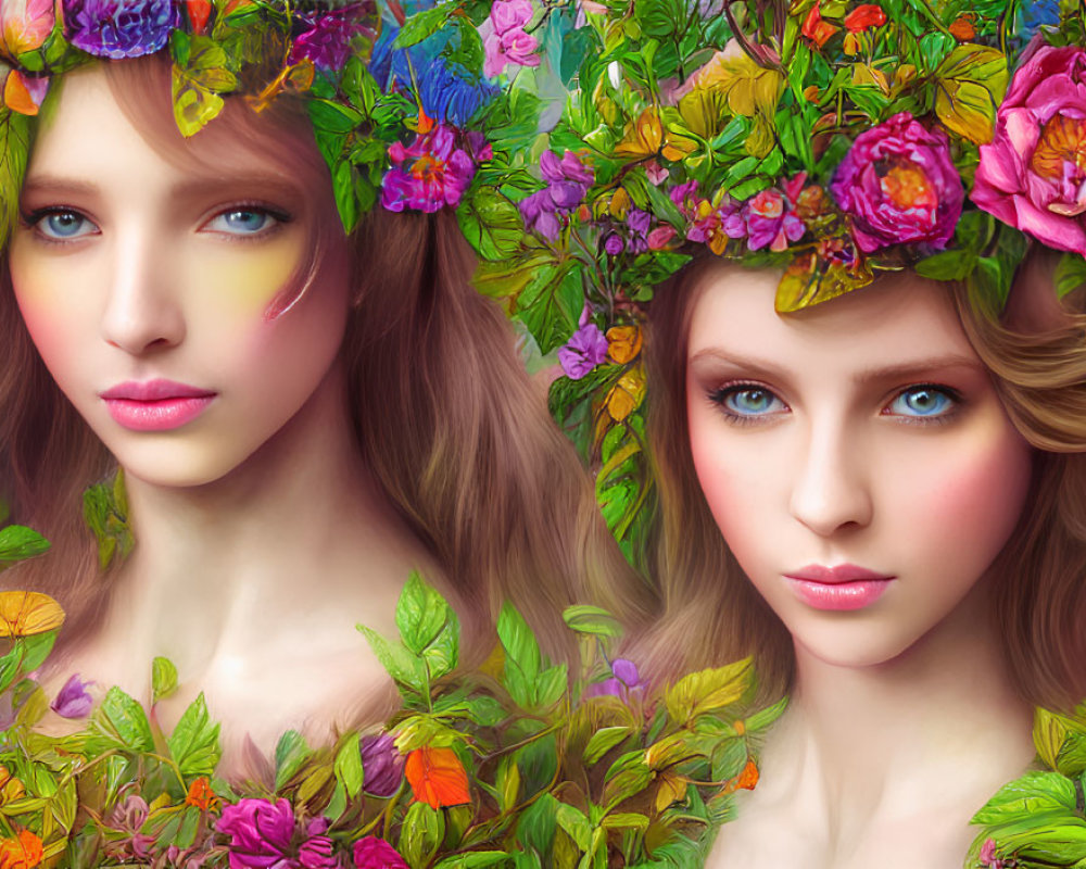 Ethereal women with floral wreaths in vibrant garden setting