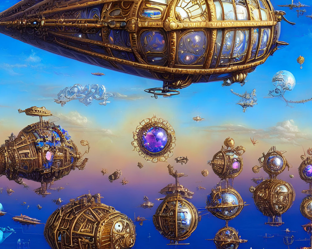 Steampunk airships and mechanical spheres in a fantastical sky