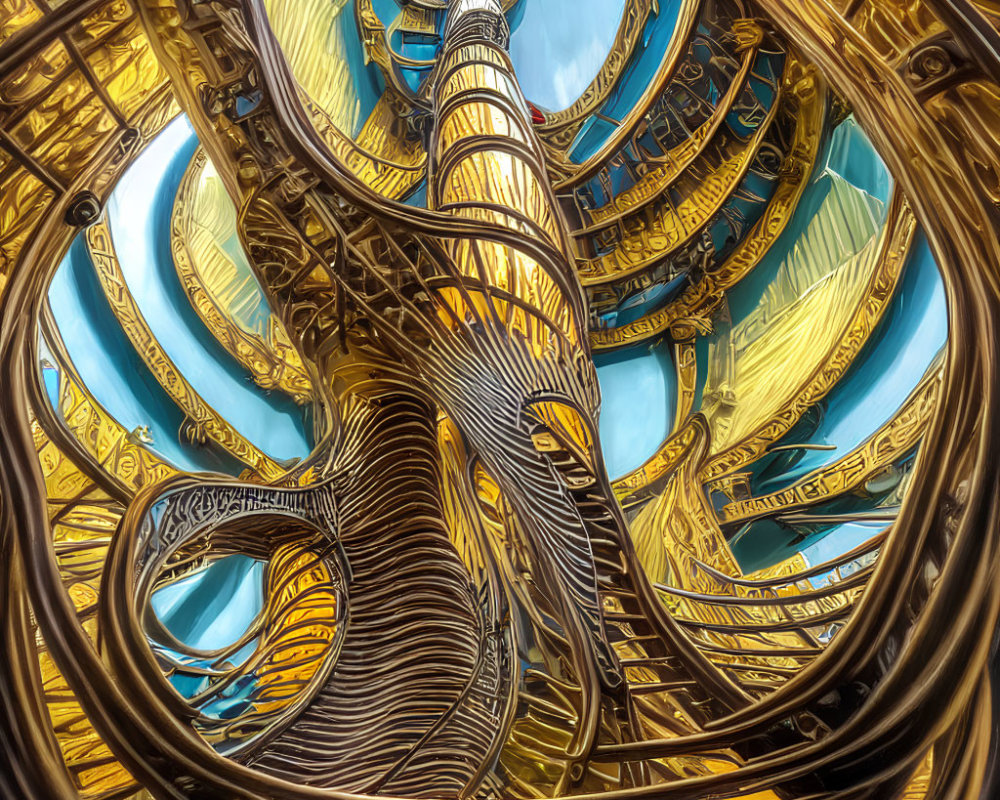 Intricate Golden Spiral Staircase Against Blue Sky