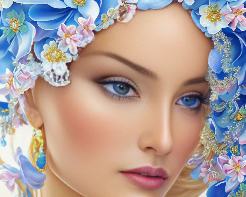 Vibrant digital portrait of woman with blue flowers and jewels in hair