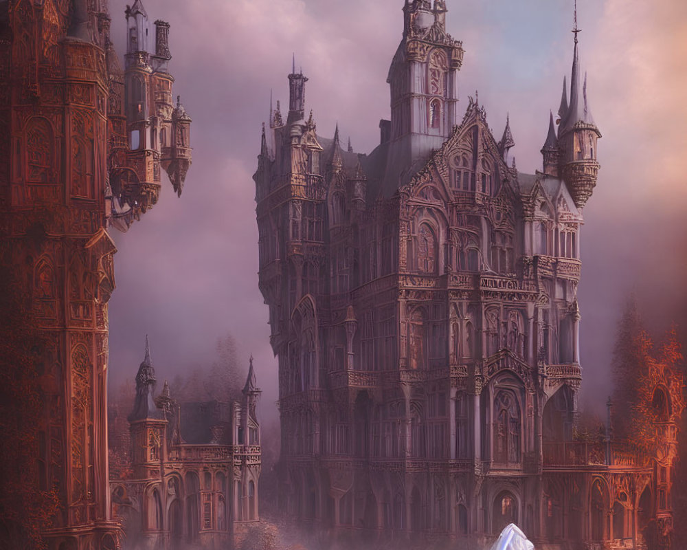 Gothic castle with intricate architecture in twilight glow surrounded by fog