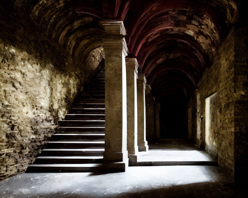 Dimly lit, vaulted corridor with stone staircase evoking historical mystery.