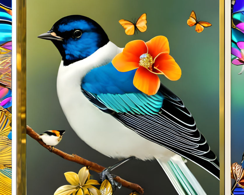 Colorful digital artwork: Bird on branch with flower in golden frame