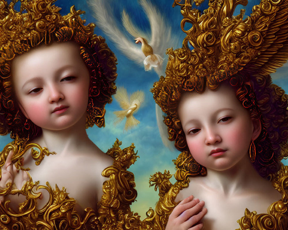 Cherubic figures in golden attire under blue sky with doves