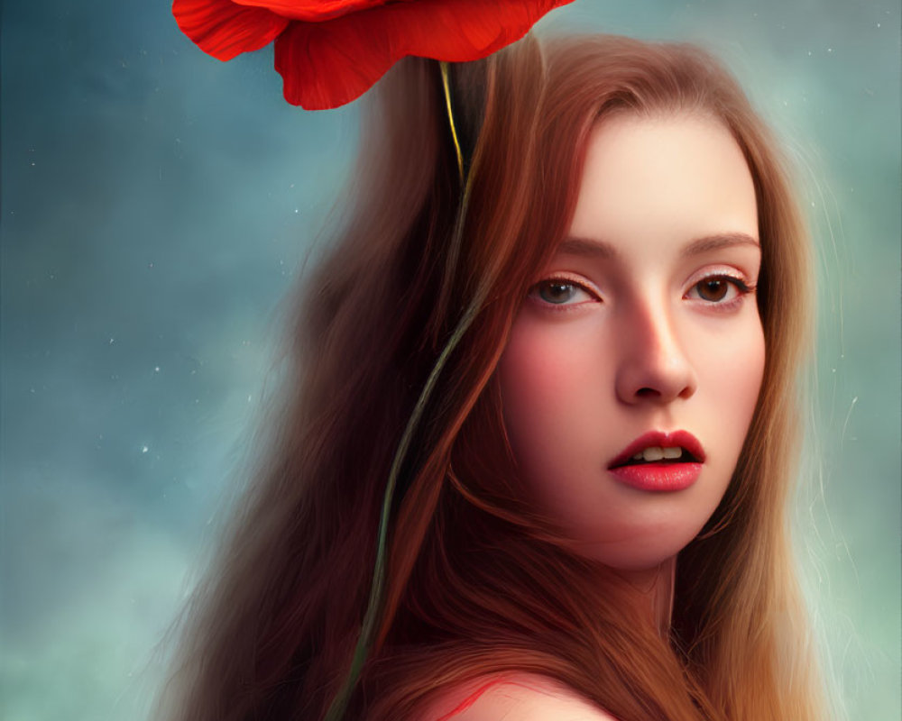 Woman with flowing hair and red lipstick wearing vibrant red poppy flower against cloudy sky.