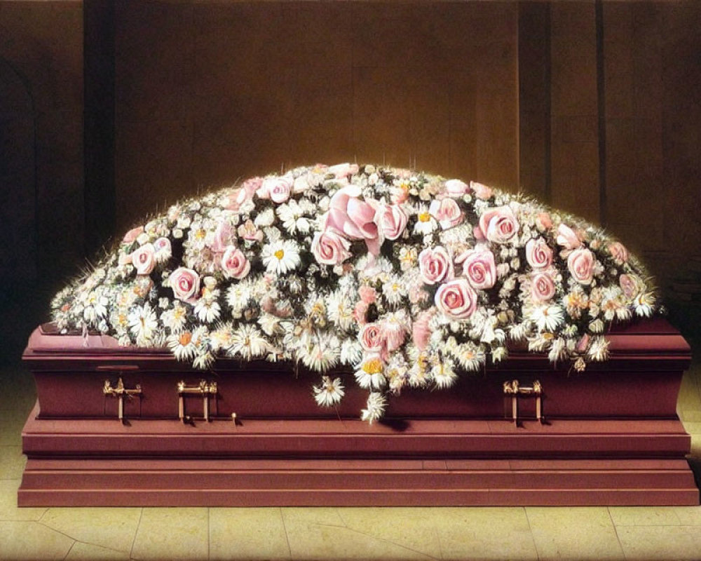 Closed casket with vibrant floral arrangement.