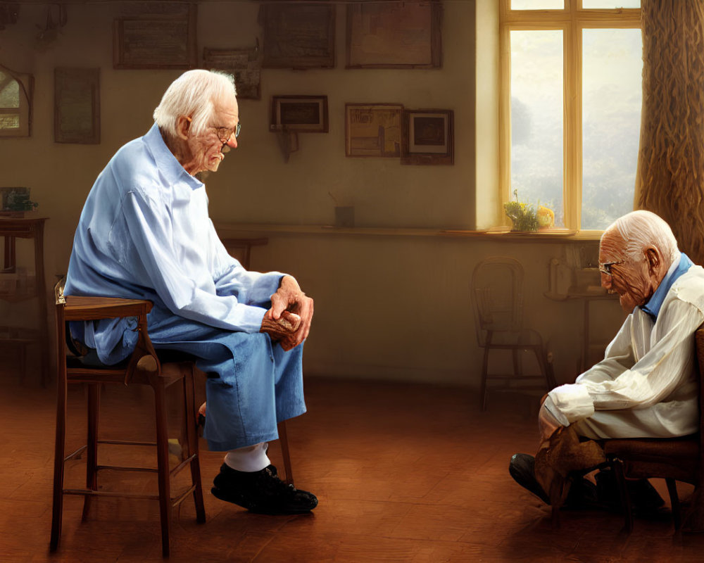 Elderly man in blue shirt reflects somber self in warm room