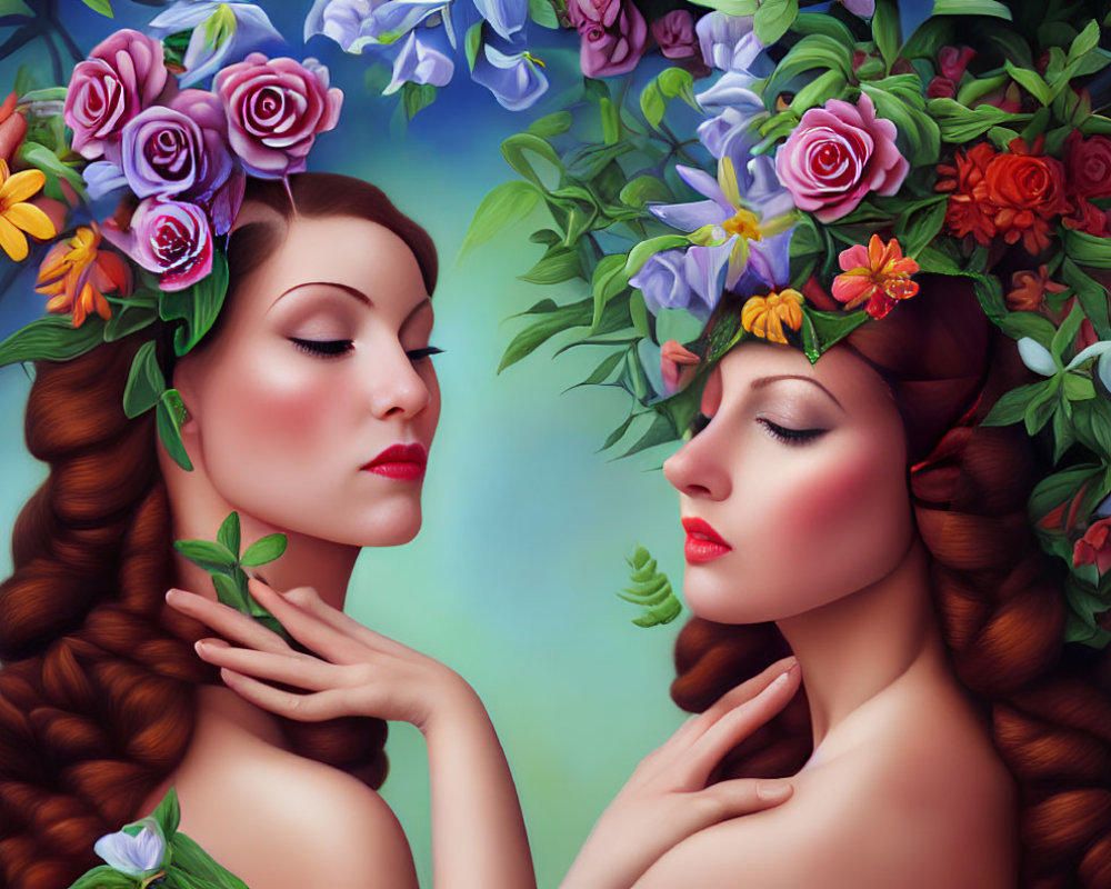 Symmetrical pose of two women with floral headdresses and braided hair in serene setting