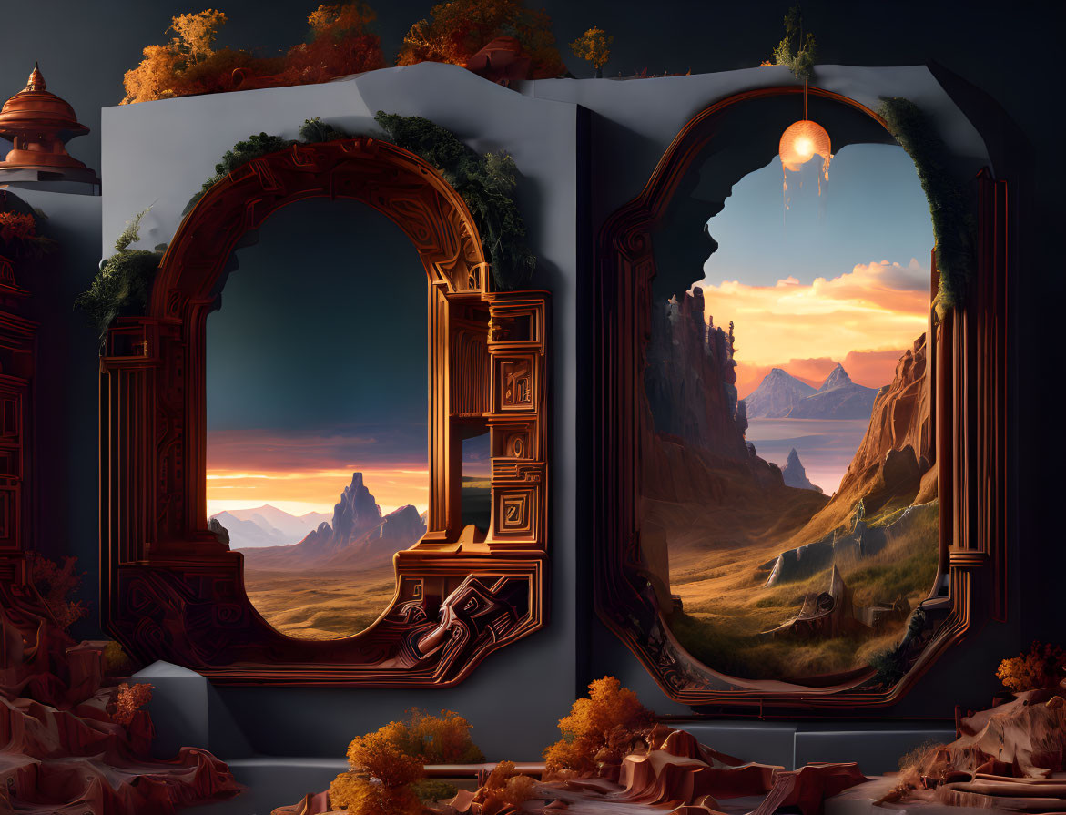 Surreal fantasy book artwork: landscapes of mountains, floating island, glowing orb