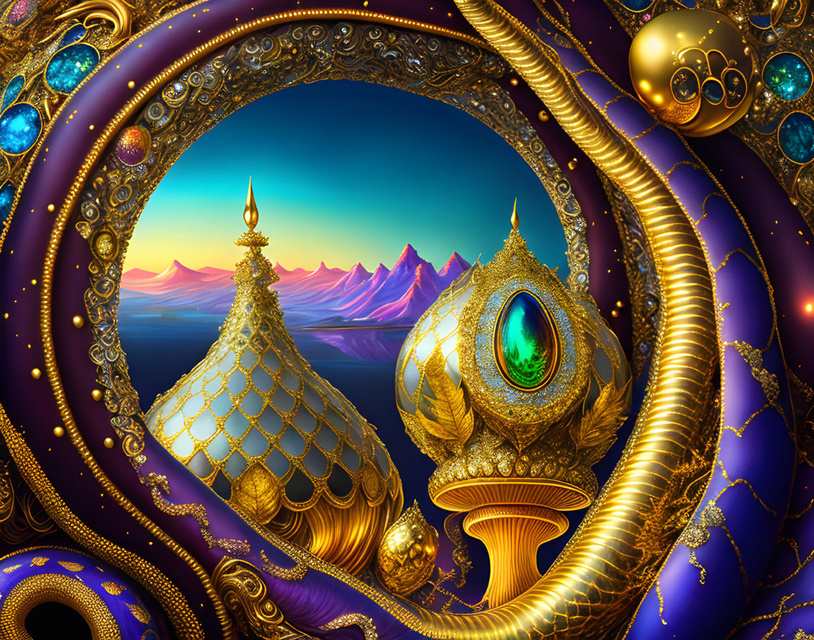 Surreal digital art: Golden-framed portal, mountain landscape, twilight sky