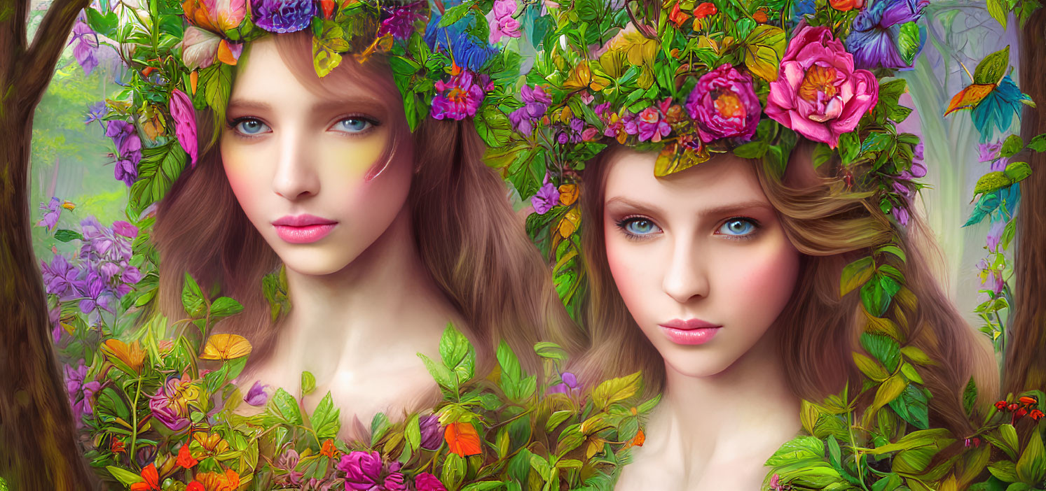 Ethereal women with floral wreaths in vibrant garden setting