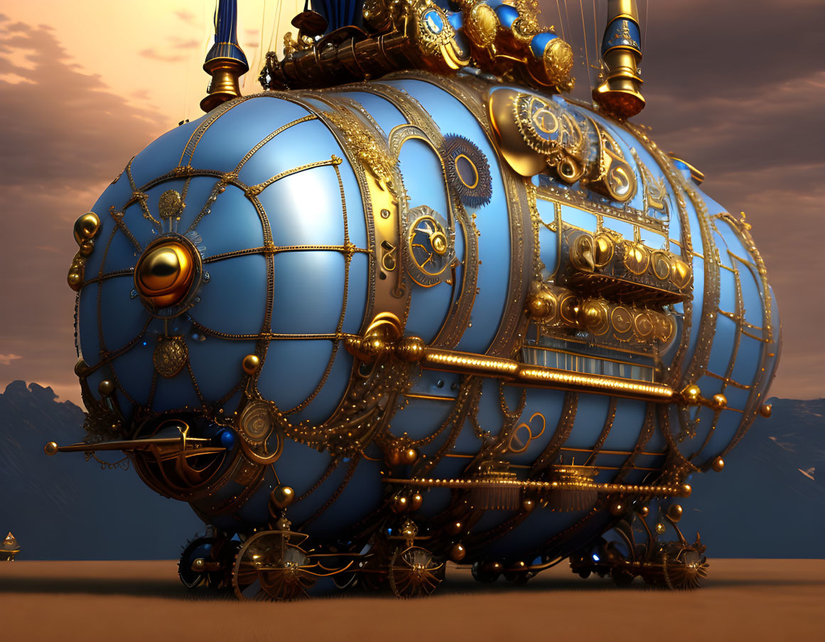 Steampunk submarine with gold detailing and gears in 3D render