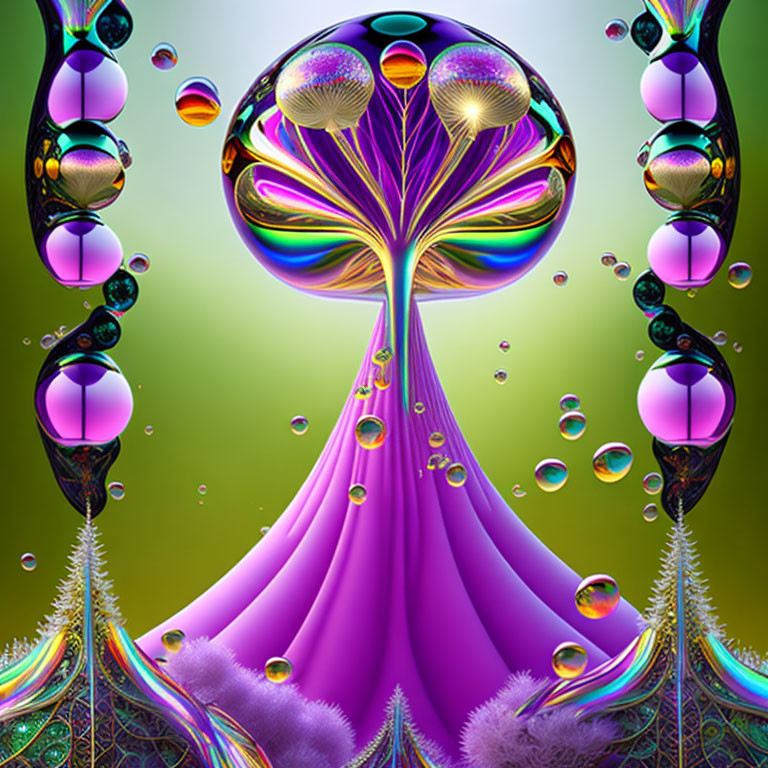 Colorful Psychedelic Tree Artwork with Iridescent Bubbles on Green Background