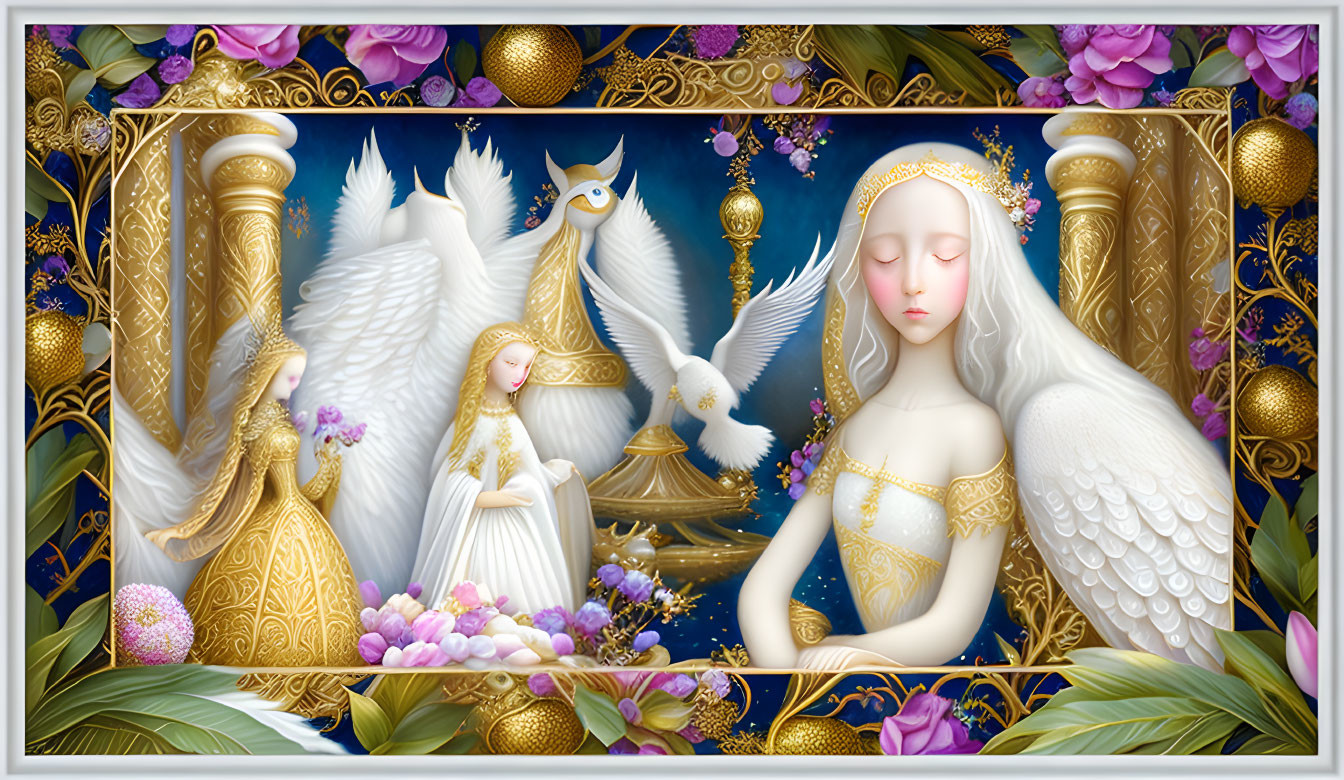 Ethereal artwork: central figure with white wings, angelic beings, birds, pink flowers in