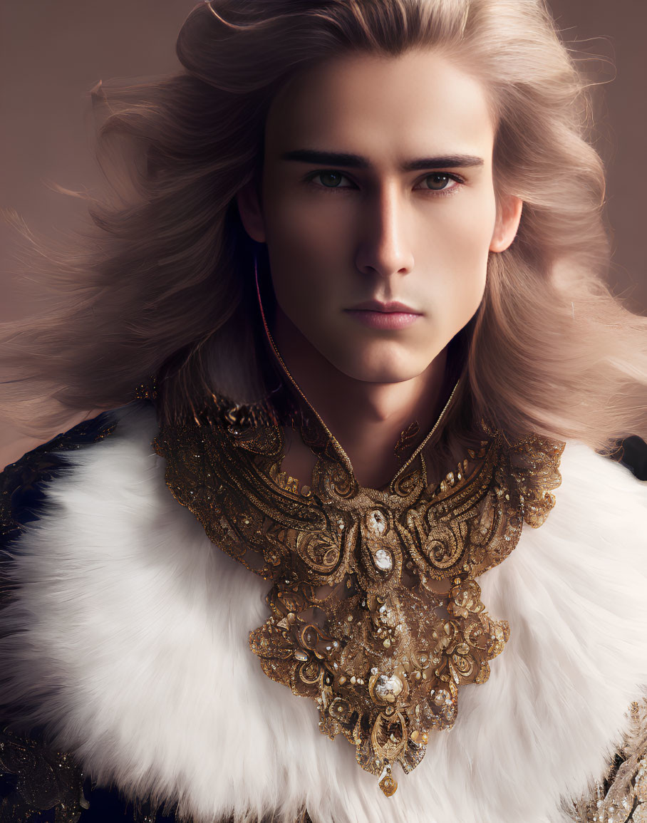 Digital portrait of an elf with long blond hair and intense eyes, adorned with a gold and white fur