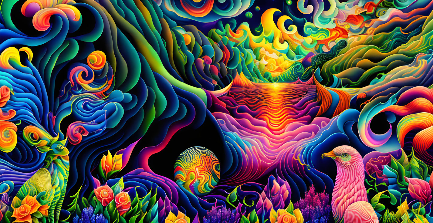 Colorful Psychedelic Artwork with Sunset, Waves, and Bird Symbol