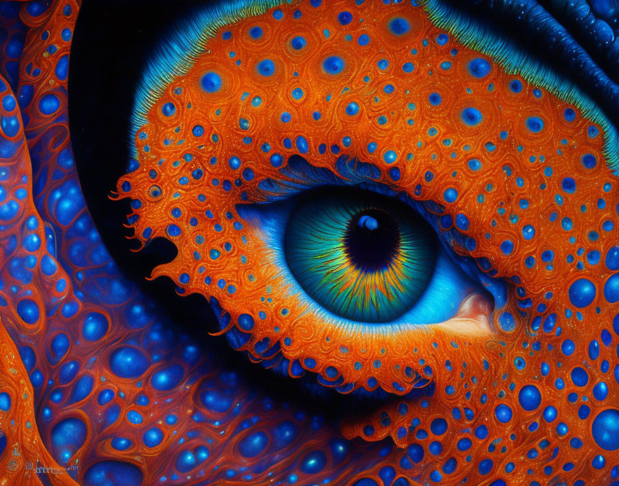 Colorful close-up of orange and blue marine creature with eye-like pattern