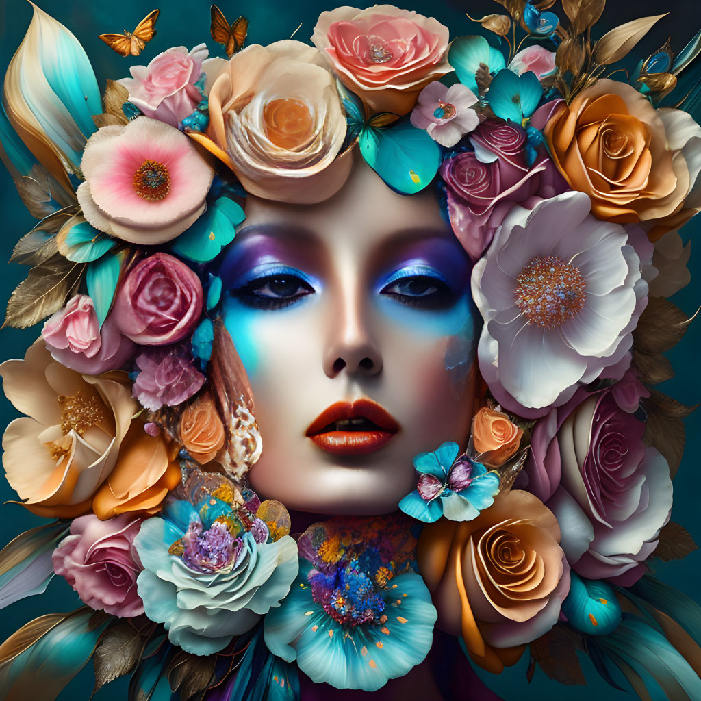 Portrait of face adorned with vibrant flowers and blue makeup.