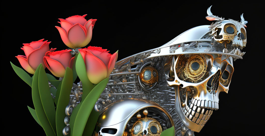 Digital image of half-skull with mechanical details and red tulips on black background