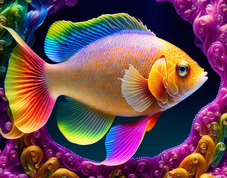 Colorful Tropical Fish Artwork with Rainbow Palette and Coral Formations