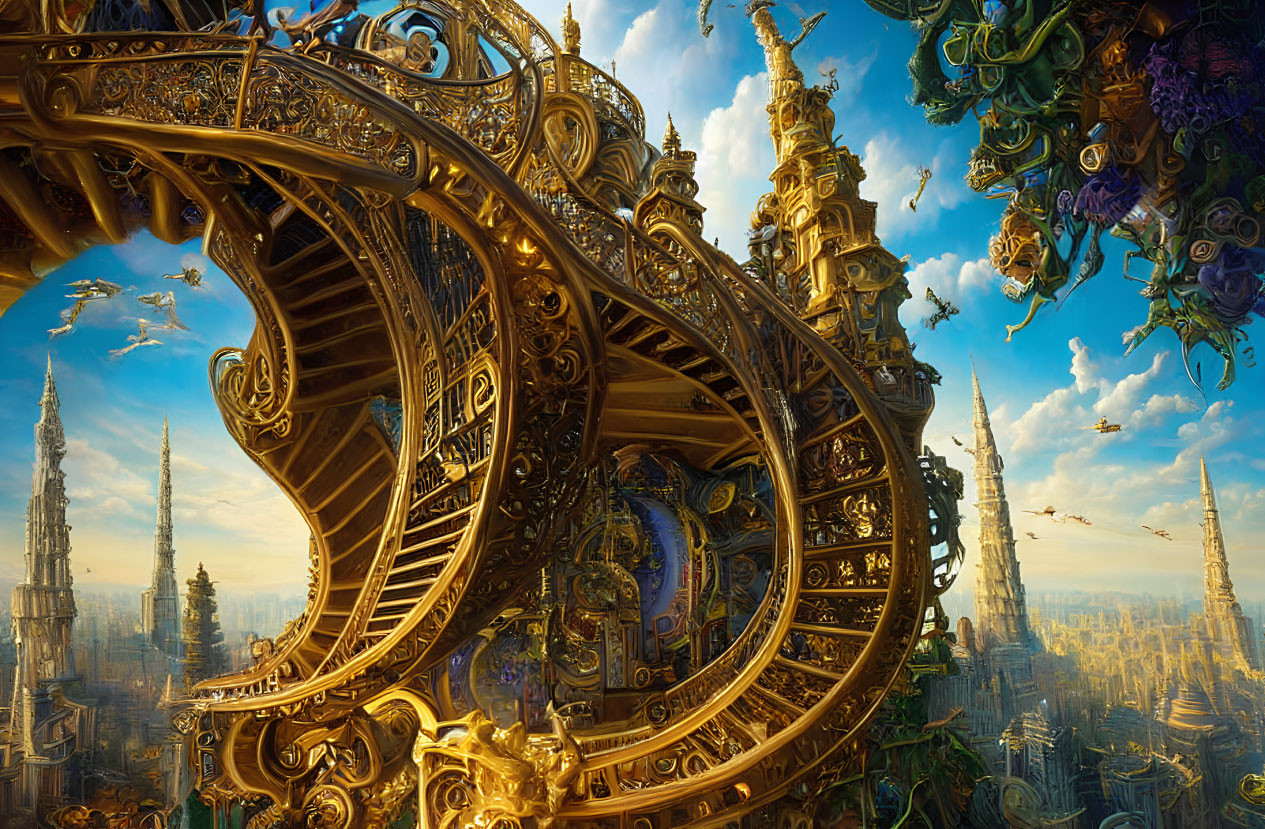 Fantasy Cityscape with Golden Structures and Towering Spires