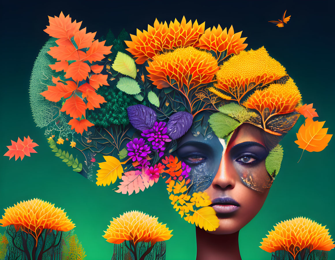 Vibrant surreal portrait with autumn foliage hair and butterflies