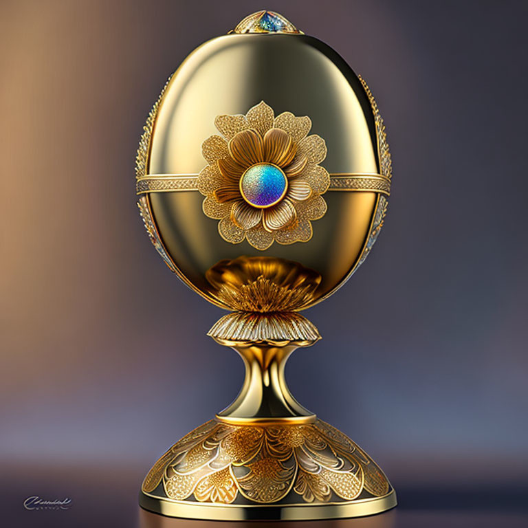 Golden Egg with Floral Patterns and Gemstone Centerpiece on Pedestal