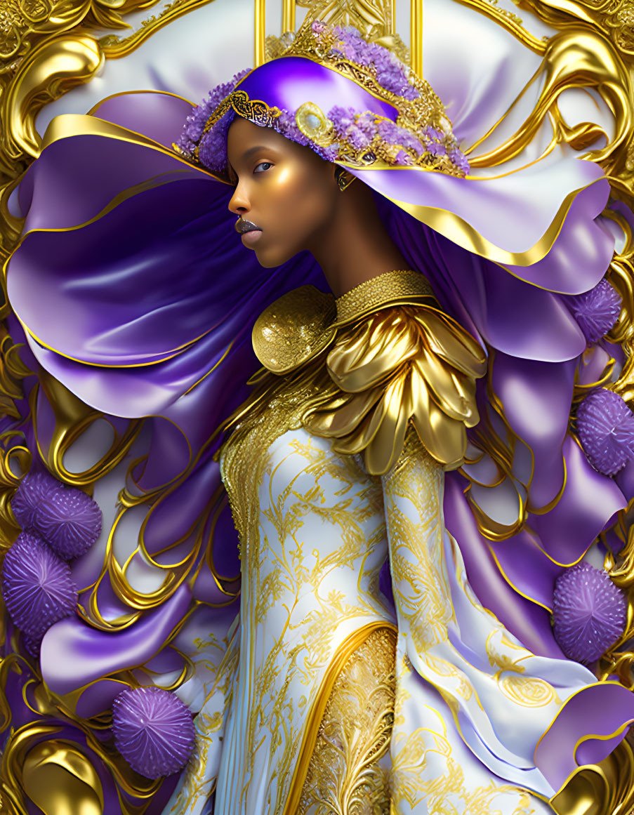 Regal figure in golden and purple dress with intricate patterns