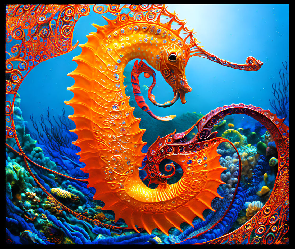 Colorful Seahorse Artwork with Ornate Patterns in Vibrant Orange Hues