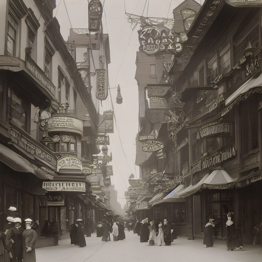 Vintage Street Scene with Pedestrians and Hanging Shop Signs