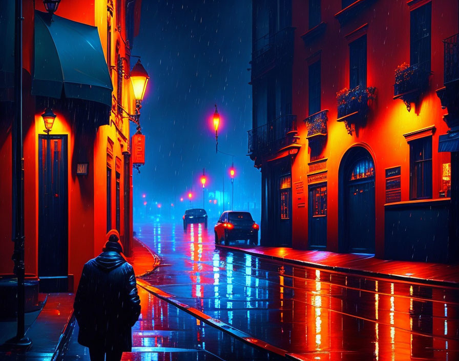 Nighttime cityscape with person walking in rain under neon lights