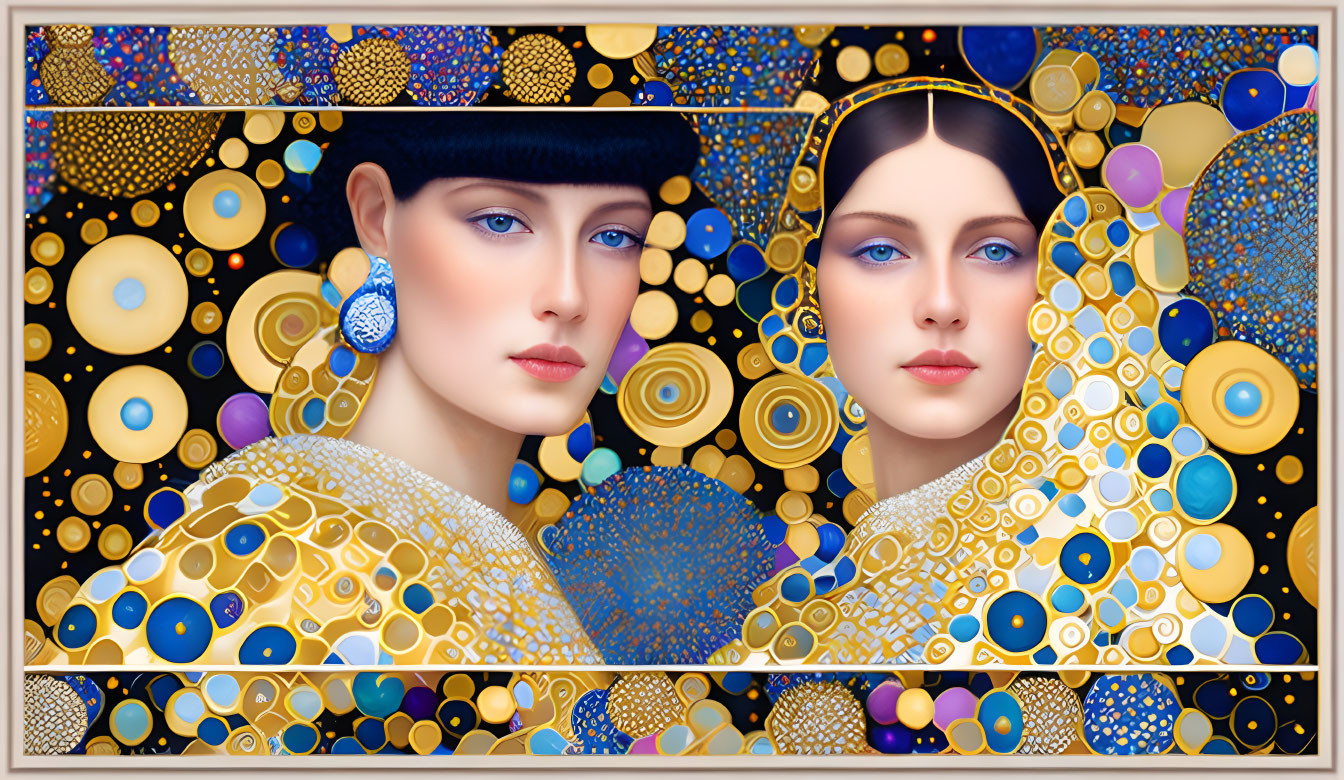 Stylized female portraits with gold and blue patterns on mosaic-like background