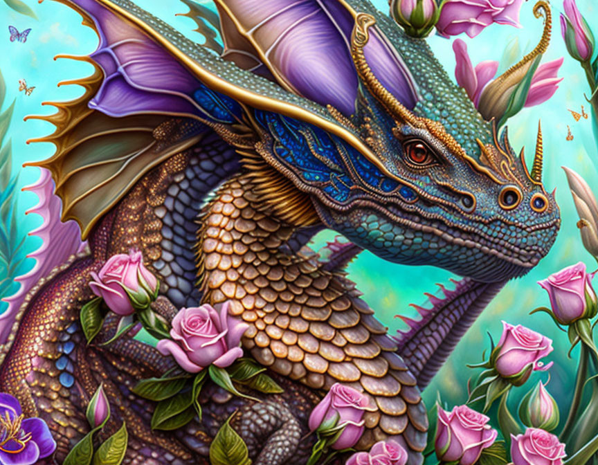 Colorful Dragon Among Pink Roses and Purple Flowers in Fantasy Scene