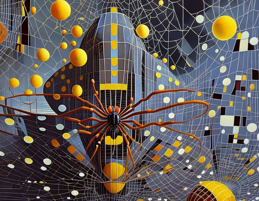 Surrealist artwork with spider, floating spheres, and shuttle-like structure