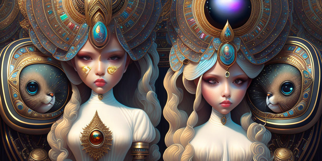 Fantastical Image: Two Characters with Ornate Headdresses and Stylized Seal Companions