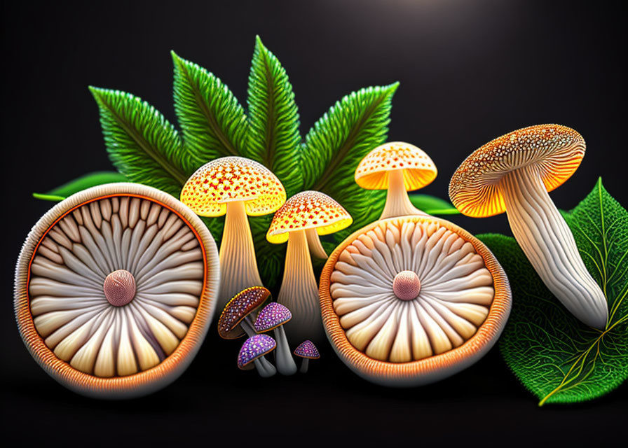 Colorful Stylized Mushroom Illustration with Fern Leaves on Dark Background