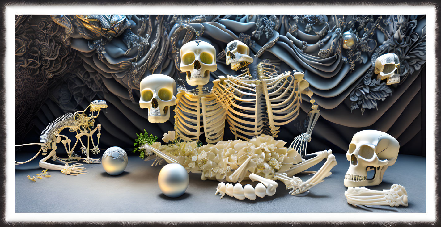 Artistic display featuring human and animal skeletons on dark background