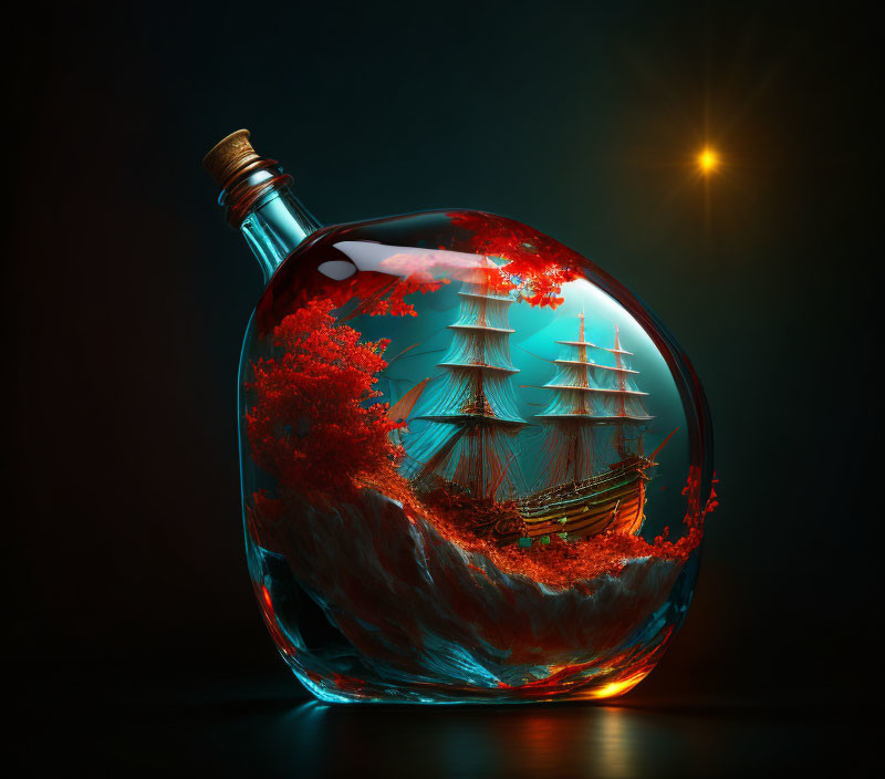 Colorful Glass Bottle with Miniature Ship, Red Foliage, and Churning Waves