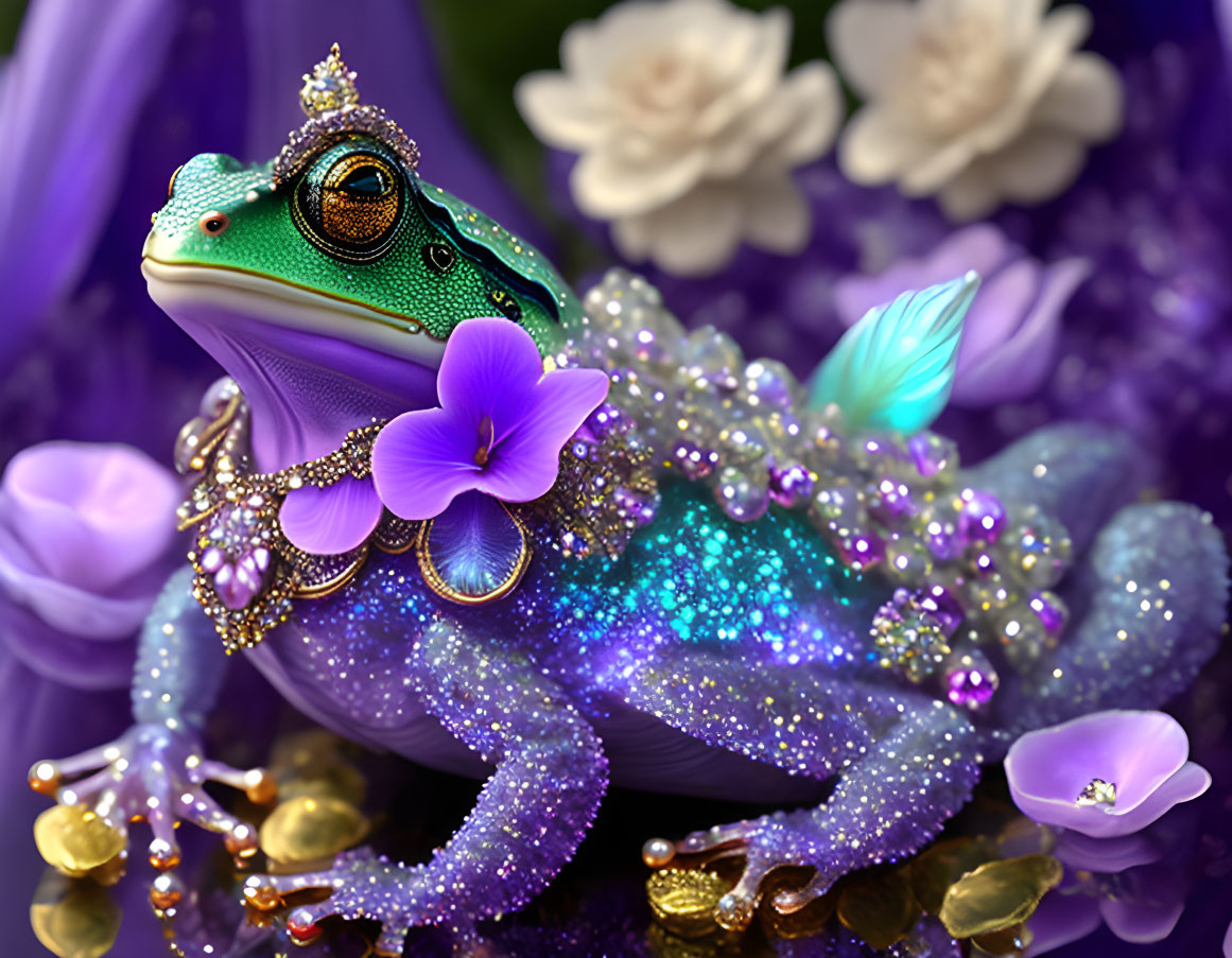Bejeweled frog with monocular in a fantasy setting
