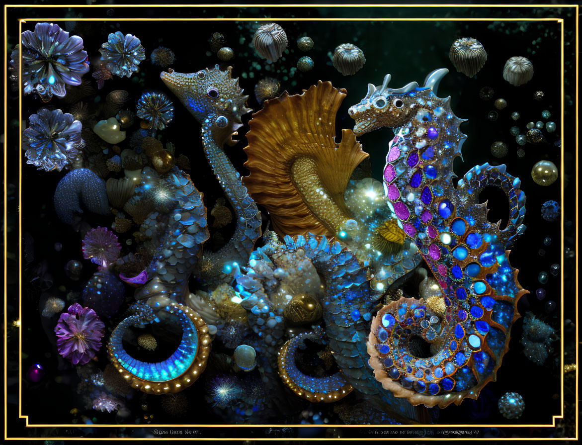 Colorful digital art: stylized seahorses with jewels and patterns on dark backdrop.