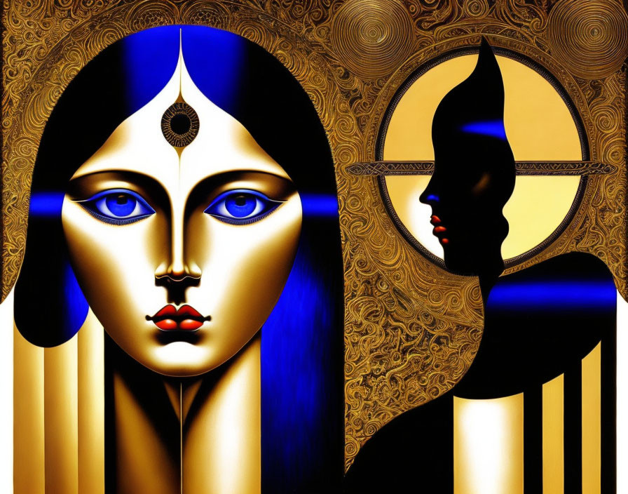 Stylized dual profile faces in gold and blue with intricate patterns on golden backdrop