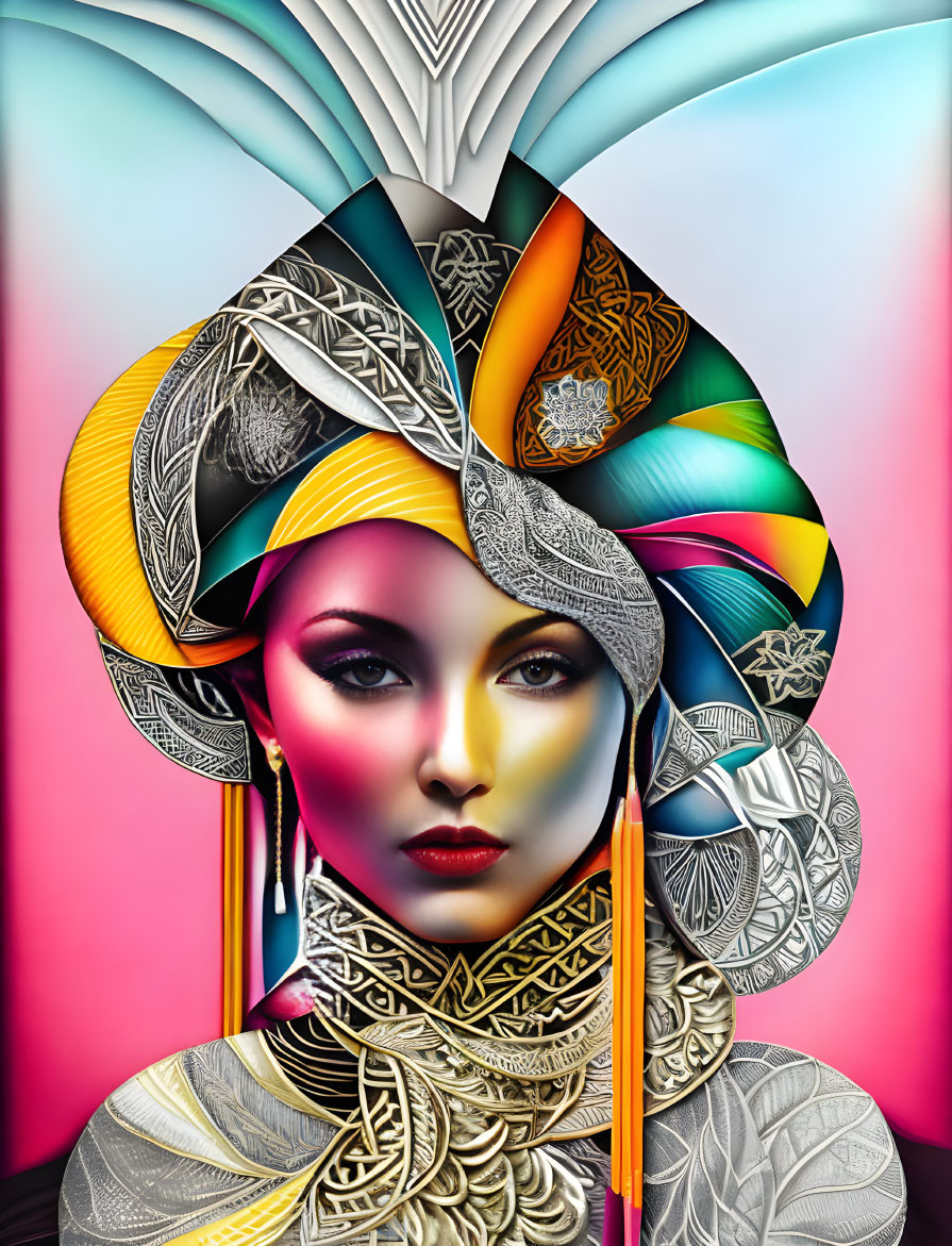 Colorful Woman Portrait with Elaborate Headdress and Intricate Patterns