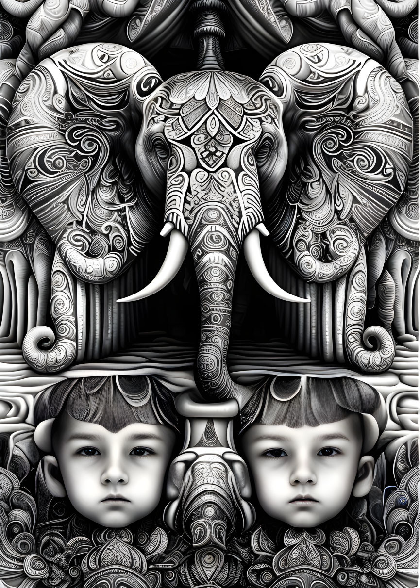 Monochrome artwork: Patterned elephant, child faces, intricate designs