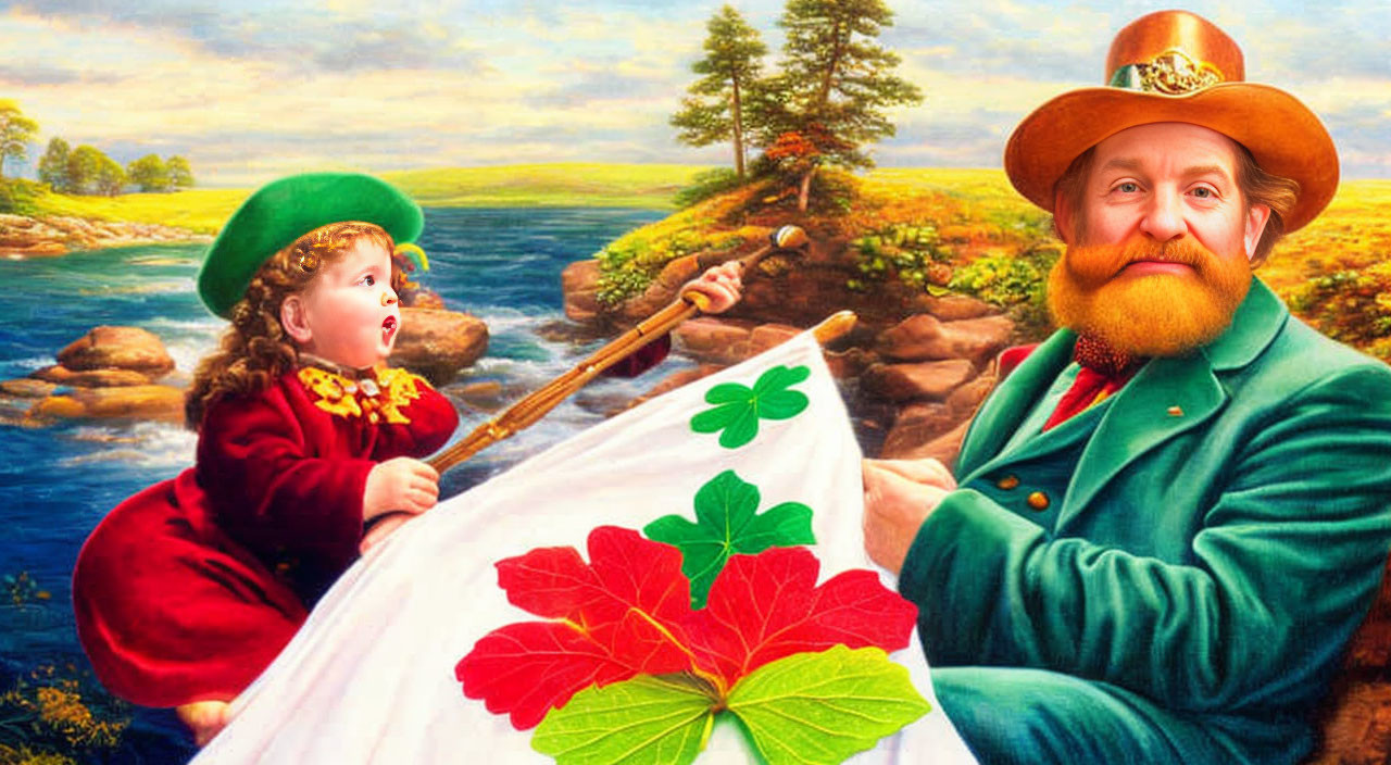 Vibrant illustration of man in green suit and child with shamrocks by the riverside