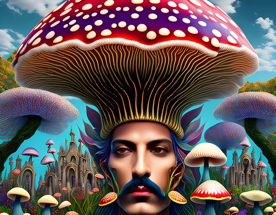 Colorful digital artwork: Person with mushroom hat in whimsical landscape