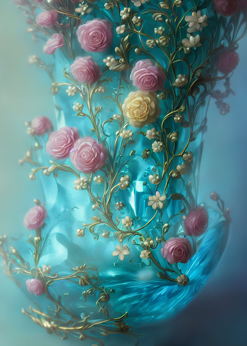 Pastel-colored flowers and golden vines with translucent blue fabric.