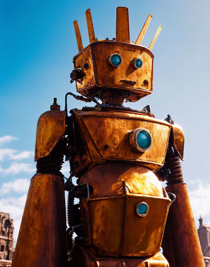 Rusted golden anthropomorphic robot with blue eyes and antennas on head against blue sky