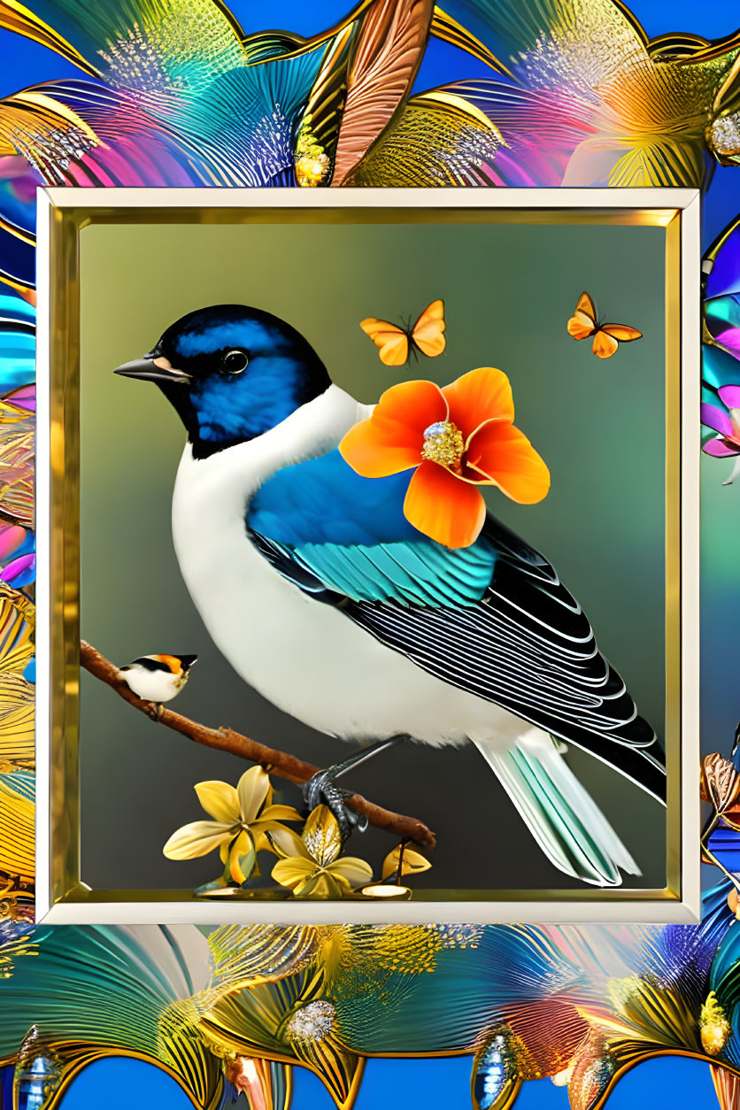 Colorful digital artwork: Bird on branch with flower in golden frame