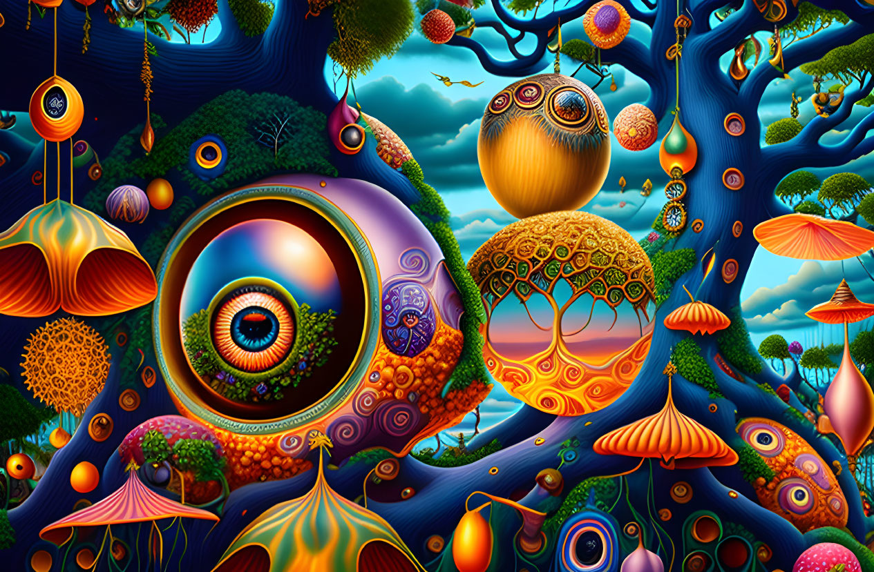 Colorful surreal landscape with eye motif, trees, mushrooms, and celestial bodies